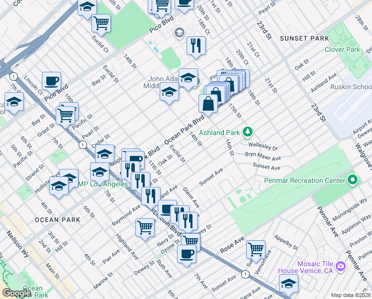 map of restaurants, bars, coffee shops, grocery stores, and more near 1322 Oak Street in Santa Monica
