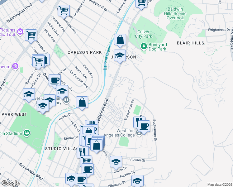map of restaurants, bars, coffee shops, grocery stores, and more near 1204 Raintree Circle in Culver City