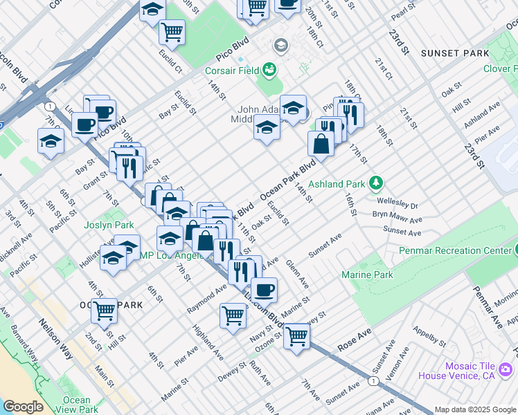 map of restaurants, bars, coffee shops, grocery stores, and more near 1212 Ocean Park Boulevard in Santa Monica