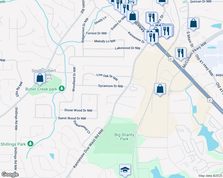 map of restaurants, bars, coffee shops, grocery stores, and more near 1506 Sycamore Drive Northwest in Kennesaw