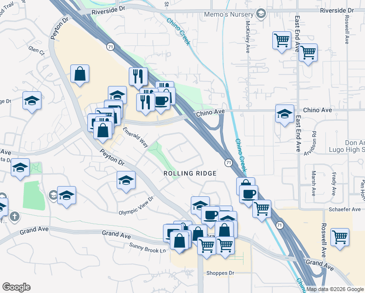 map of restaurants, bars, coffee shops, grocery stores, and more near 13415 Wandering Ridge Way in Chino Hills