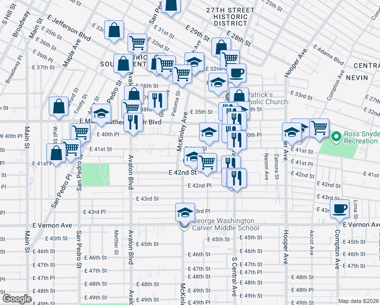 map of restaurants, bars, coffee shops, grocery stores, and more near 895 East 41st Street in Los Angeles