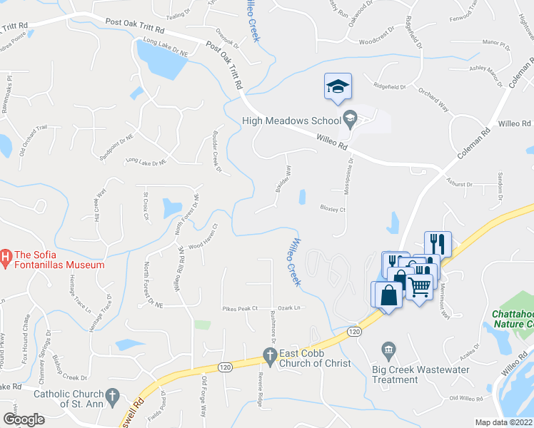 map of restaurants, bars, coffee shops, grocery stores, and more near 595 Boulder Way in Roswell