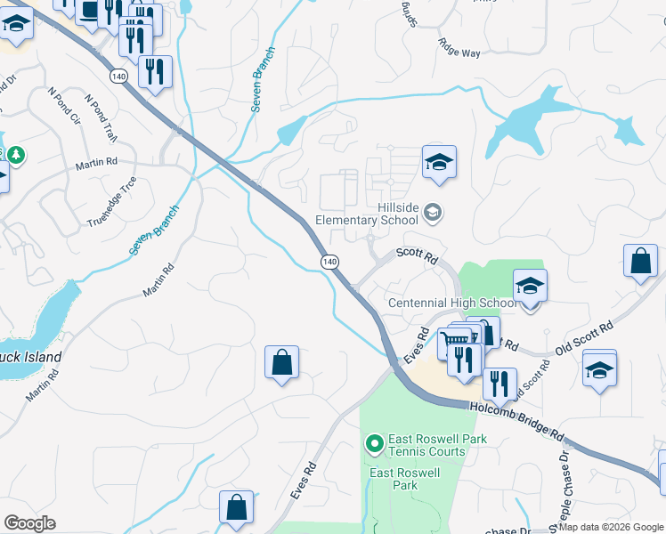 map of restaurants, bars, coffee shops, grocery stores, and more near Holcomb Bridge Road in Roswell