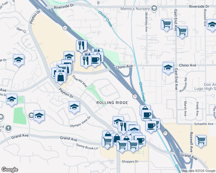 map of restaurants, bars, coffee shops, grocery stores, and more near 13415 Wandering Ridge Way in Chino Hills