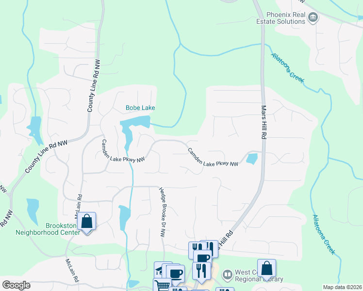 map of restaurants, bars, coffee shops, grocery stores, and more near 5201 Camden Lake Parkway Northwest in Acworth