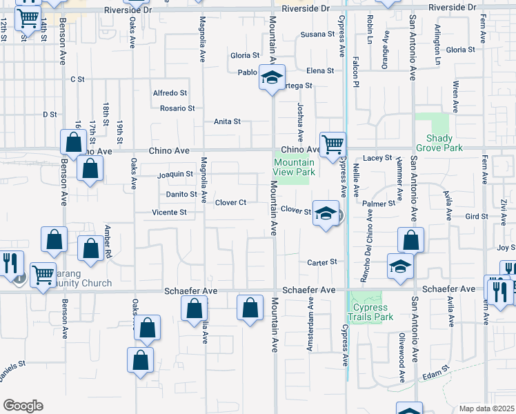 map of restaurants, bars, coffee shops, grocery stores, and more near 6261 Clover Court in Chino