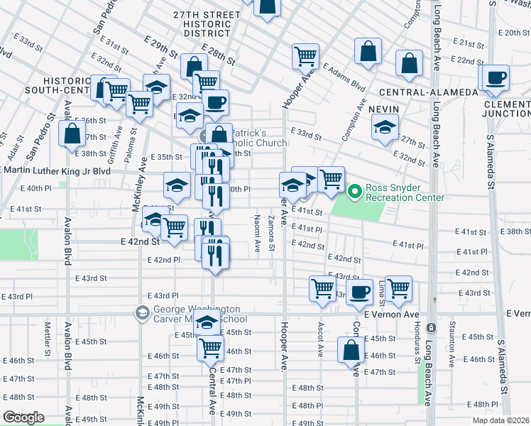 map of restaurants, bars, coffee shops, grocery stores, and more near 1209 East 41st Street in Los Angeles
