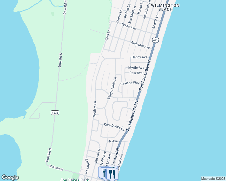 map of restaurants, bars, coffee shops, grocery stores, and more near 341 Sealane Way in Kure Beach