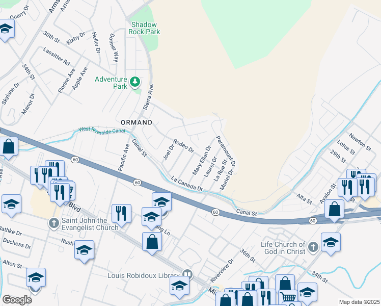 map of restaurants, bars, coffee shops, grocery stores, and more near 3187 Ruth Ann Drive in Riverside