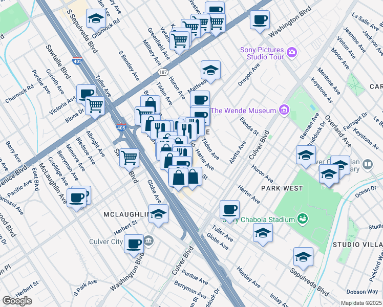 map of restaurants, bars, coffee shops, grocery stores, and more near in Culver City