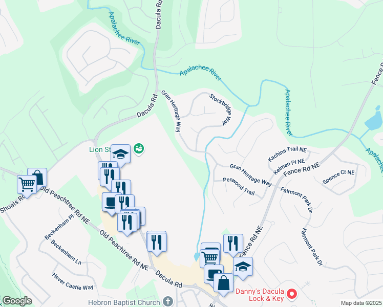 map of restaurants, bars, coffee shops, grocery stores, and more near 660 Gran Heritage Way in Dacula