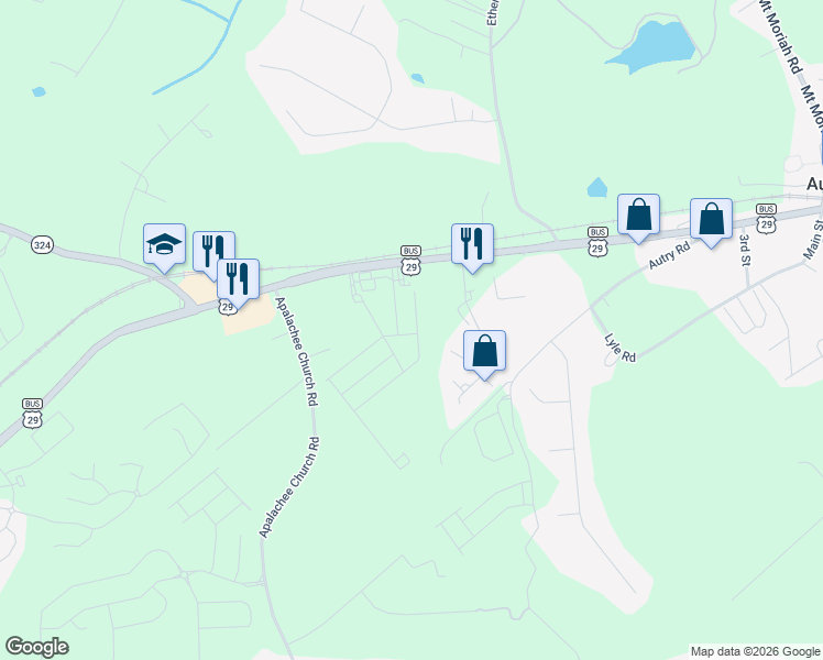 map of restaurants, bars, coffee shops, grocery stores, and more near 1585 Auburn Park Court in Auburn