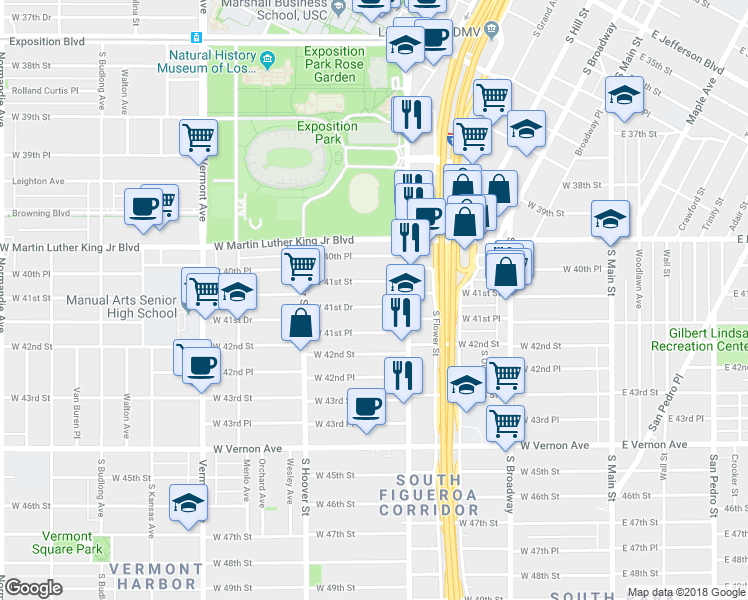 map of restaurants, bars, coffee shops, grocery stores, and more near 601 West 41st Drive in Los Angeles