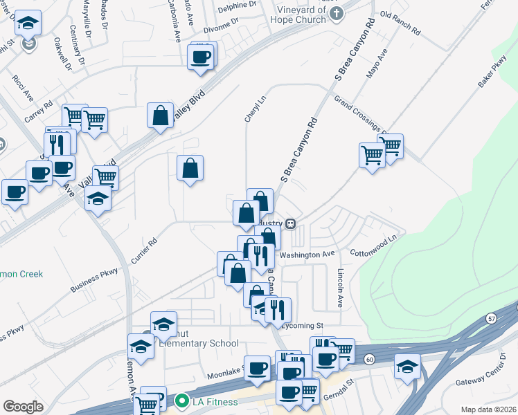 map of restaurants, bars, coffee shops, grocery stores, and more near 20947 Currier Road in Walnut