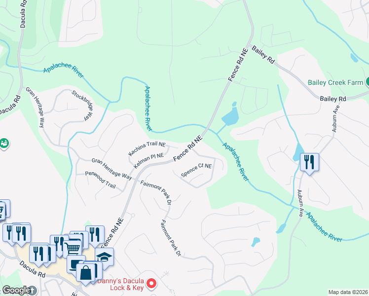 map of restaurants, bars, coffee shops, grocery stores, and more near 2686 Kachina Trail Northeast in Dacula