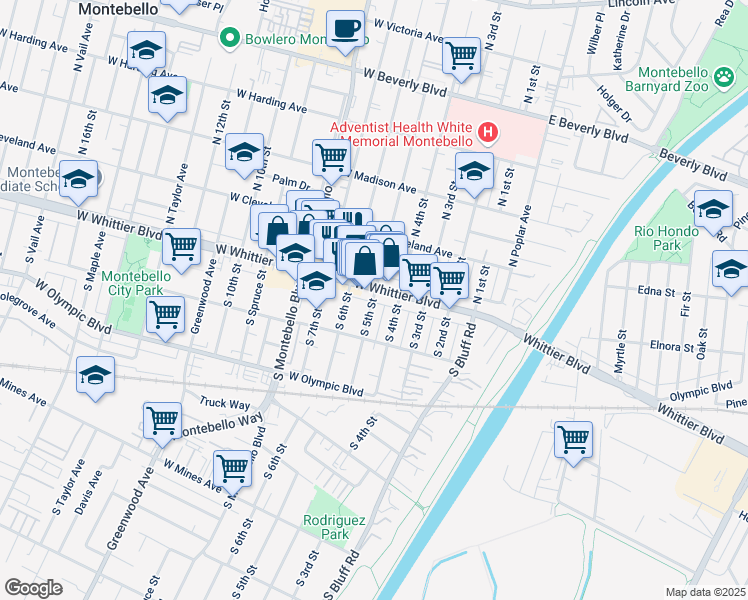 map of restaurants, bars, coffee shops, grocery stores, and more near 511 West Whittier Boulevard in Montebello