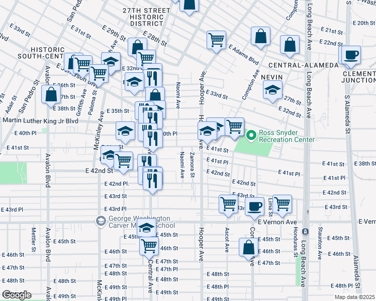 map of restaurants, bars, coffee shops, grocery stores, and more near 1209 East 41st Street in Los Angeles