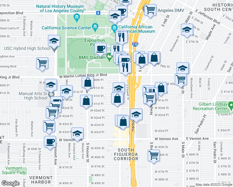 map of restaurants, bars, coffee shops, grocery stores, and more near 4072 South Figueroa Street in Los Angeles