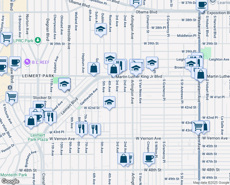map of restaurants, bars, coffee shops, grocery stores, and more near 4138 3rd Avenue in Los Angeles