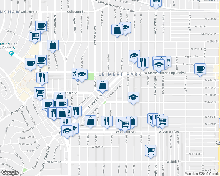 map of restaurants, bars, coffee shops, grocery stores, and more near 4126 Leimert Boulevard in Los Angeles