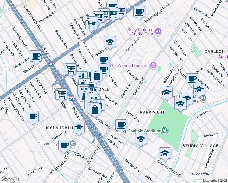 map of restaurants, bars, coffee shops, grocery stores, and more near 4052 Tilden Avenue in Culver City