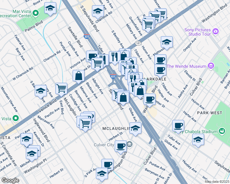 map of restaurants, bars, coffee shops, grocery stores, and more near 3919 Globe Avenue in Culver City