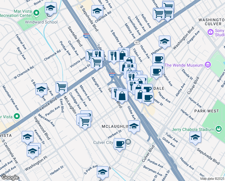 map of restaurants, bars, coffee shops, grocery stores, and more near 3919 Globe Avenue in Culver City