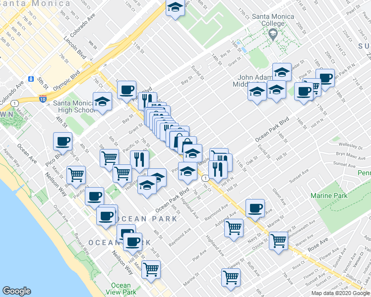map of restaurants, bars, coffee shops, grocery stores, and more near 844 Cedar Street in Santa Monica