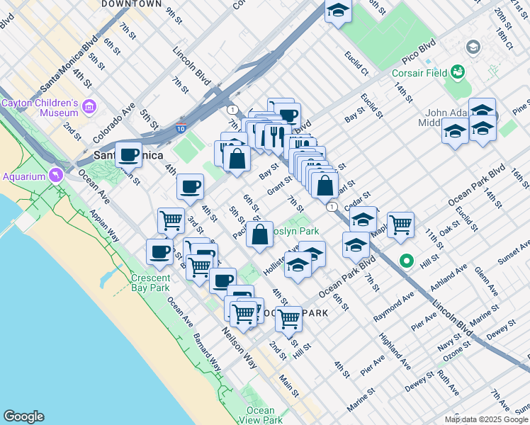 map of restaurants, bars, coffee shops, grocery stores, and more near 614 Grant Street in Santa Monica