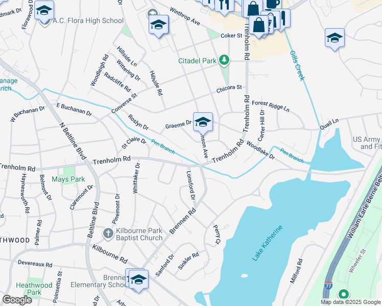 map of restaurants, bars, coffee shops, grocery stores, and more near 1605 Roslyn Drive in Columbia