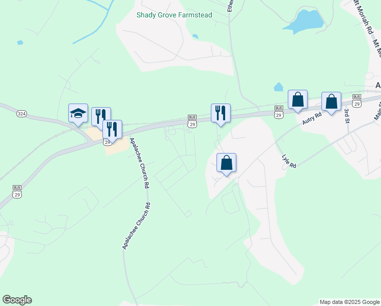 map of restaurants, bars, coffee shops, grocery stores, and more near 68 Auburn Hills Drive in Auburn