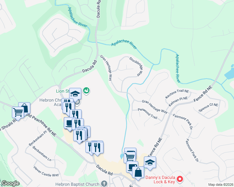 map of restaurants, bars, coffee shops, grocery stores, and more near 670 Gran Heritage Way in Dacula