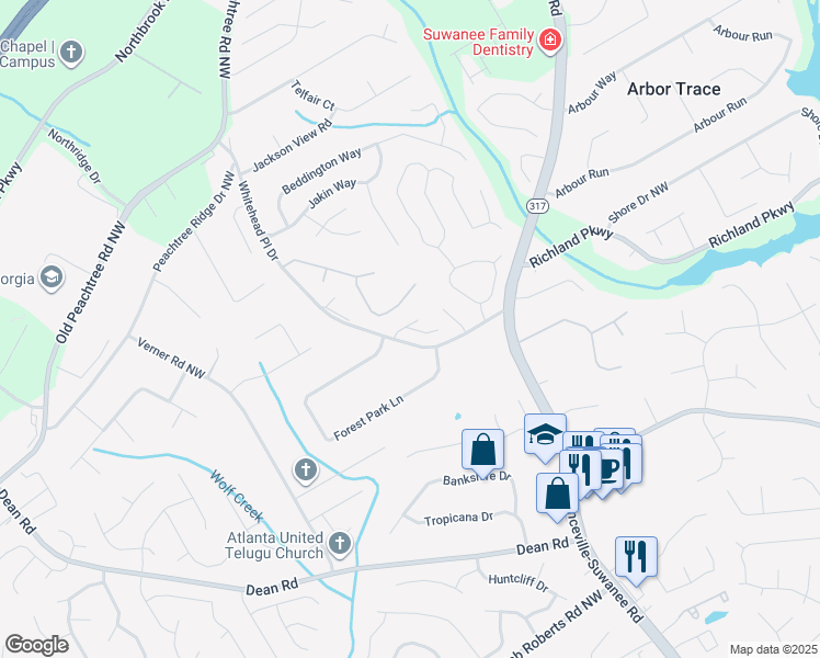 map of restaurants, bars, coffee shops, grocery stores, and more near 647 Kenridge Drive in Suwanee