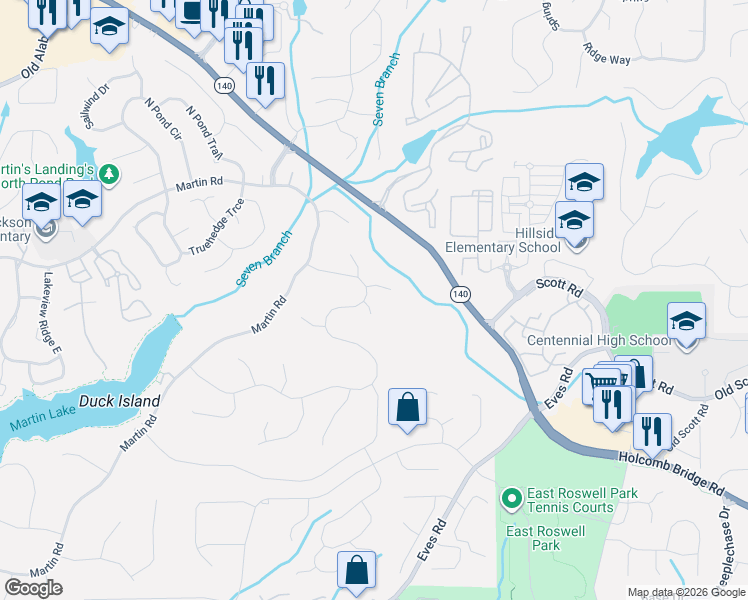 map of restaurants, bars, coffee shops, grocery stores, and more near 1935 6 Branches Lane in Roswell