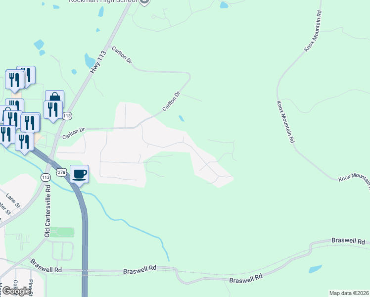 map of restaurants, bars, coffee shops, grocery stores, and more near 46 Mountain View Drive in Rockmart