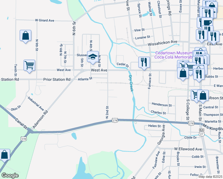 map of restaurants, bars, coffee shops, grocery stores, and more near 130 Jackson Street in Cedartown
