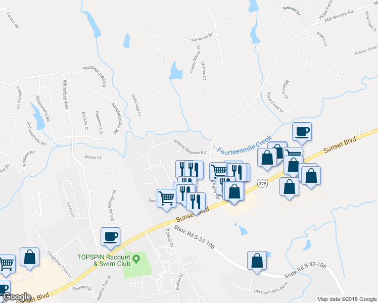map of restaurants, bars, coffee shops, grocery stores, and more near 120 Hickory Meadow Road in Lexington