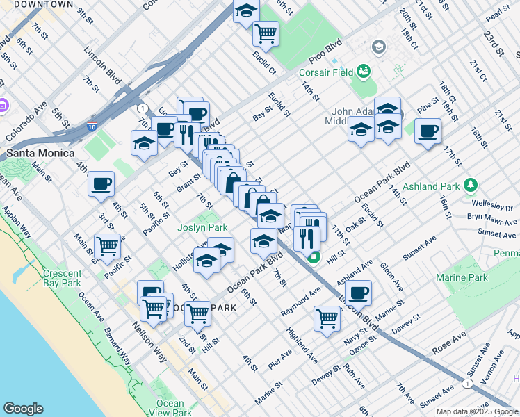 map of restaurants, bars, coffee shops, grocery stores, and more near 844 Cedar Street in Santa Monica
