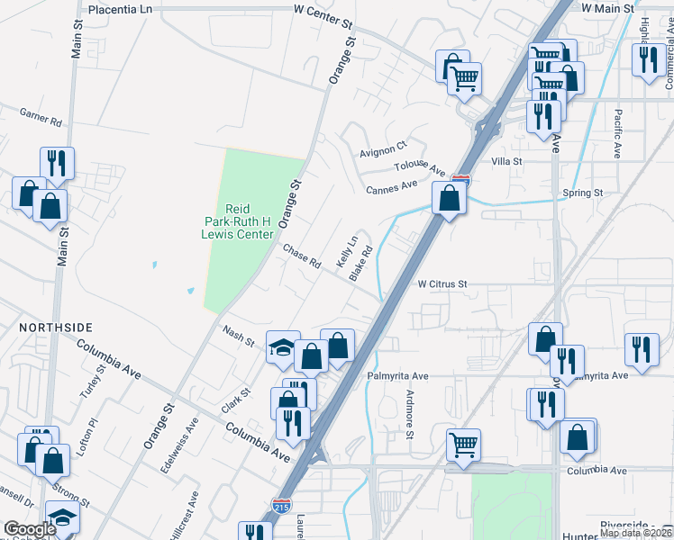 map of restaurants, bars, coffee shops, grocery stores, and more near 782 Forest Park Drive in Riverside