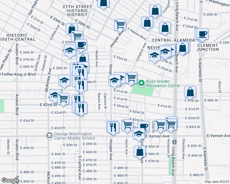 map of restaurants, bars, coffee shops, grocery stores, and more near 1302 East 41st Street in Los Angeles