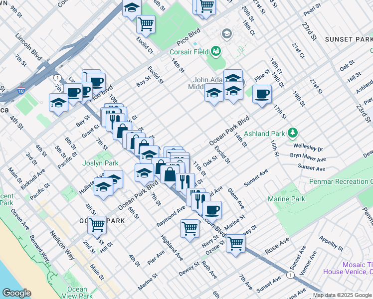 map of restaurants, bars, coffee shops, grocery stores, and more near 1109 Maple Street in Santa Monica