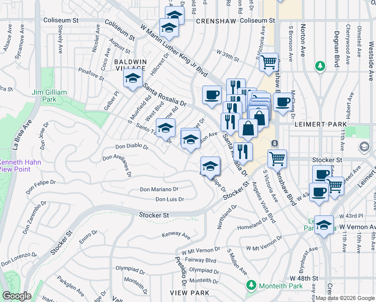 map of restaurants, bars, coffee shops, grocery stores, and more near 4197 Marlton Avenue in Los Angeles