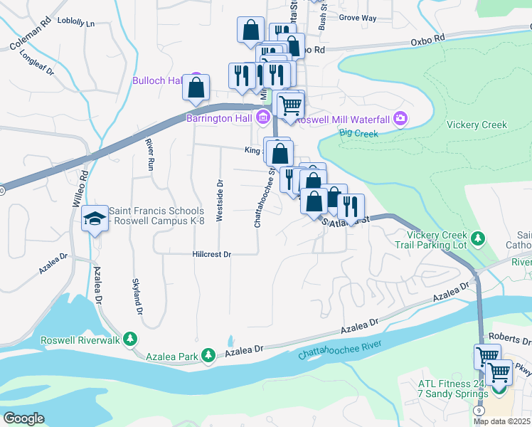map of restaurants, bars, coffee shops, grocery stores, and more near 56 Pine Street in Roswell