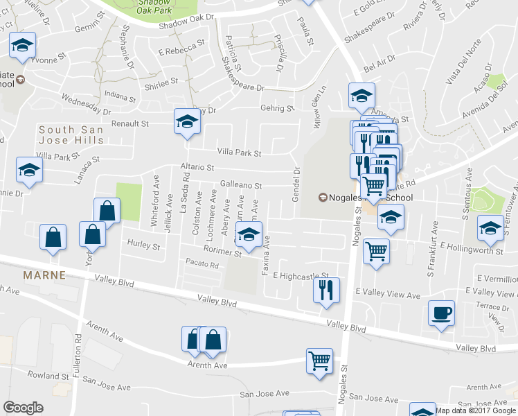 map of restaurants, bars, coffee shops, grocery stores, and more near 436 Balham Avenue in La Puente