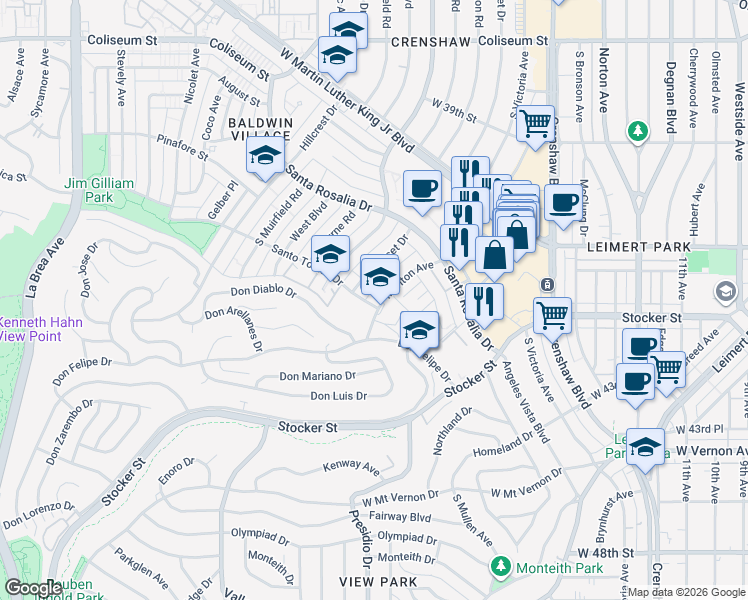 map of restaurants, bars, coffee shops, grocery stores, and more near 4197 Marlton Avenue in Los Angeles
