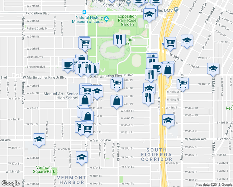 map of restaurants, bars, coffee shops, grocery stores, and more near 4103 South Hoover Street in Los Angeles