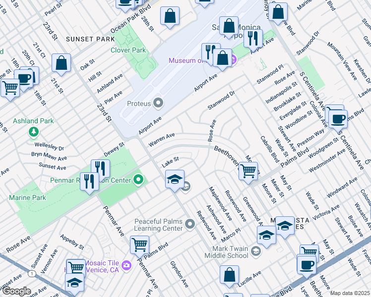 map of restaurants, bars, coffee shops, grocery stores, and more near 13101 Rose Avenue in Los Angeles