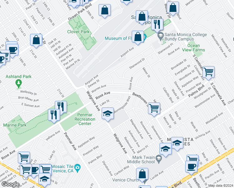 map of restaurants, bars, coffee shops, grocery stores, and more near 13048 Rose Avenue in Los Angeles