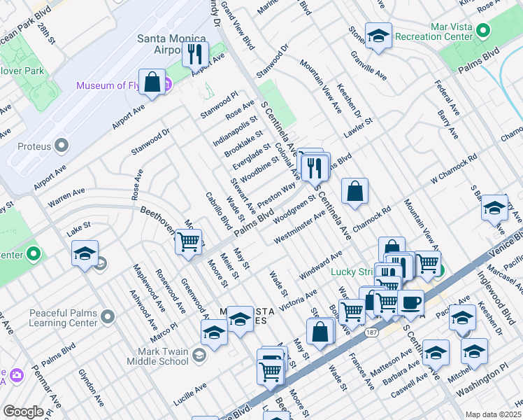map of restaurants, bars, coffee shops, grocery stores, and more near 12612 Preston Way in Los Angeles